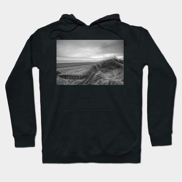 Mablethorpe Sand Dunes, Storm Coming, Black And White Hoodie by tommysphotos